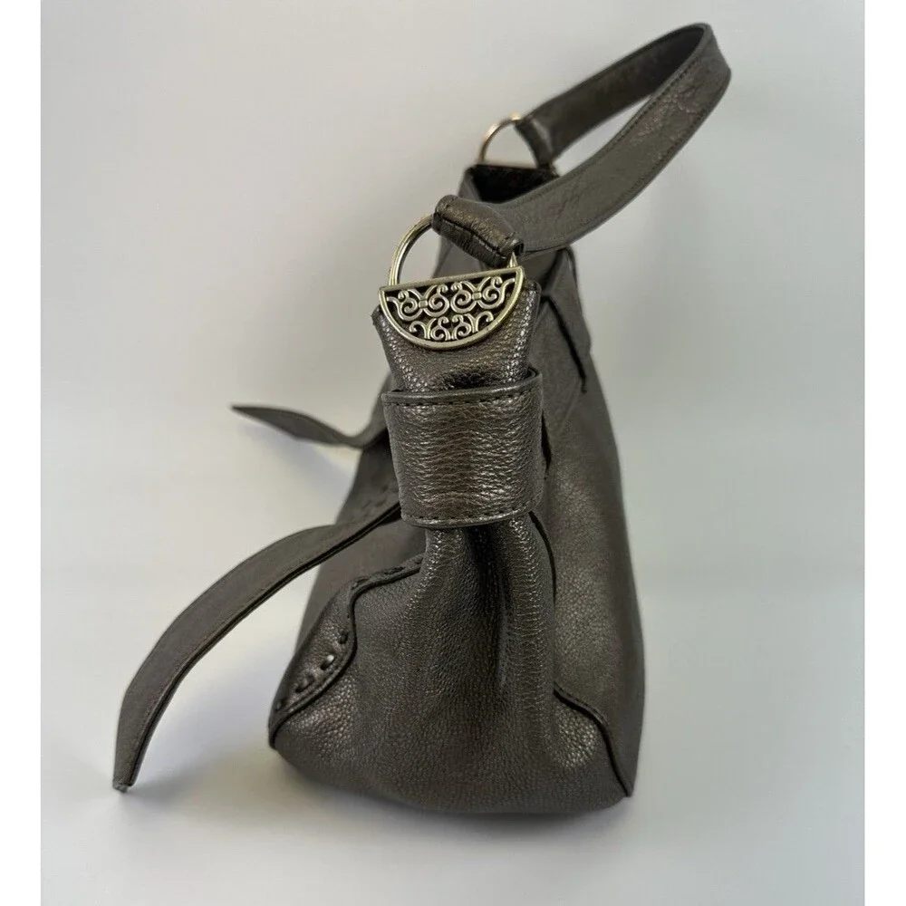 Brighton Bow Strap Hobo Handbag Pewter Metallic Leather Shoulder Purse Magnetic